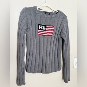 Vintage Polo Ralph Lauren American Flag gray knit sweater. Size Large WITH FLAWS
